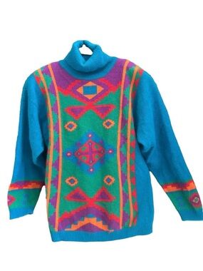 I.B DIFFUSION Geometric Sweater Turtleneck Shoulder Pads Lambswool Angora Sz M